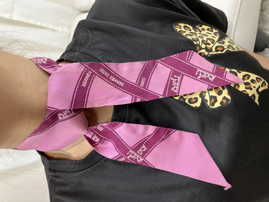 Hermes Twilly Silk Scarf Pink Ribbon Print France Box Fair Condition