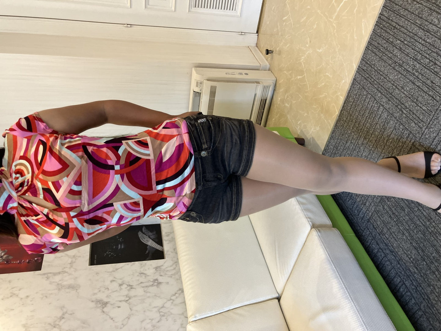 VERSACE Pink Geometric Top (Size 38) & BURBERRY BLUE LABEL Black Short Denim (Size 38) Set Outfit 窶・