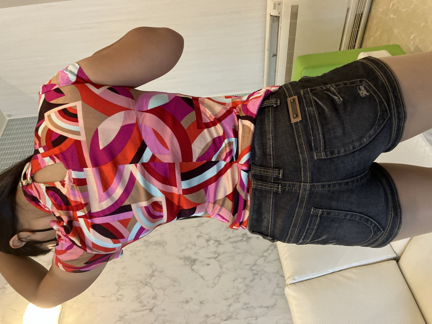 VERSACE Pink Geometric Top (Size 38) & BURBERRY BLUE LABEL Black Short Denim (Size 38) Set Outfit 窶・