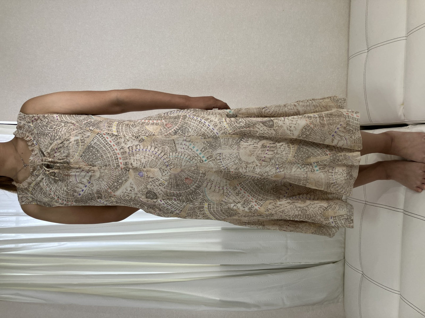 SOLEIL Women's Sleeveless Floral Fan Print Dress Size 42 Beige Polyester Japan