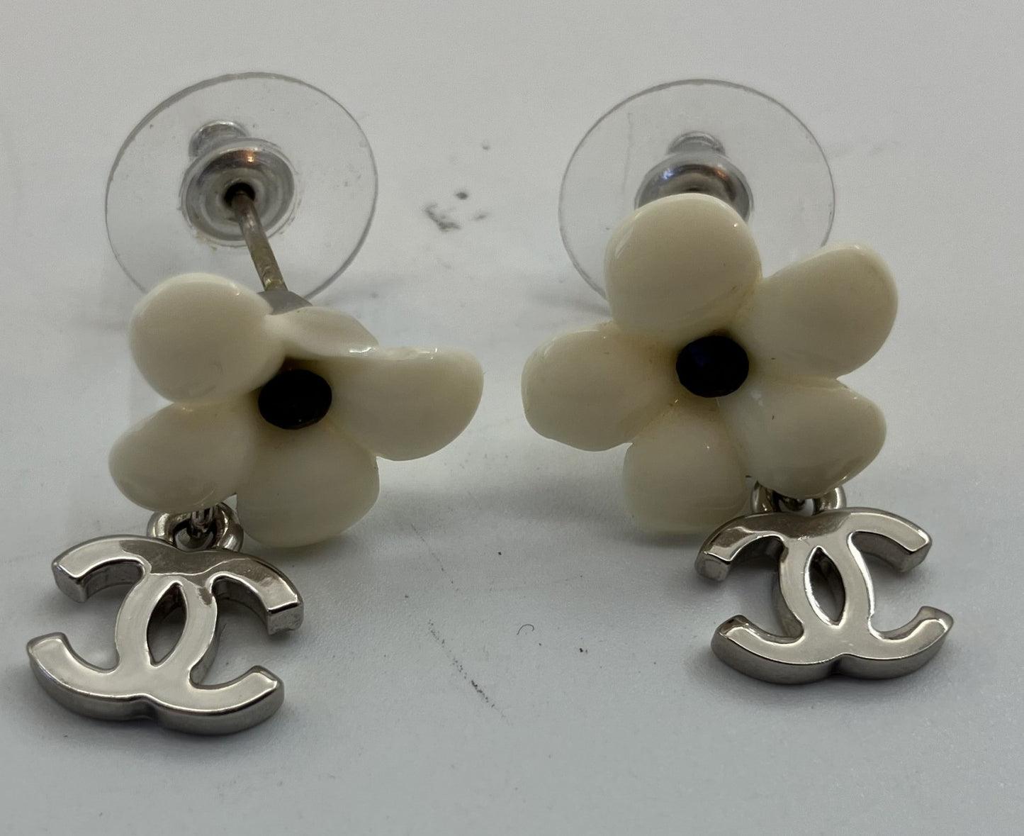 CHANEL Coco Mark Camellia Earrings White &amp; Silver Free Shipping 