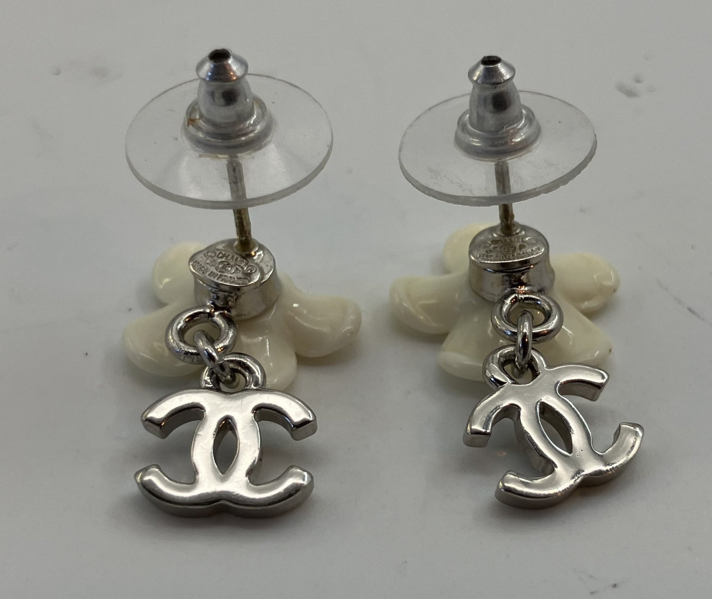 CHANEL Coco Mark Camellia Earrings White &amp; Silver Free Shipping 