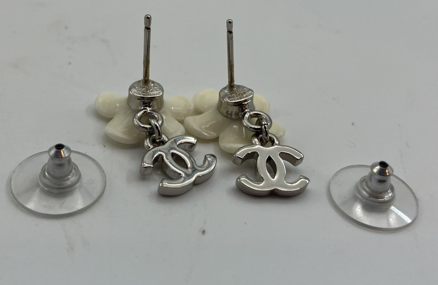 CHANEL Coco Mark Camellia Earrings White &amp; Silver Free Shipping 