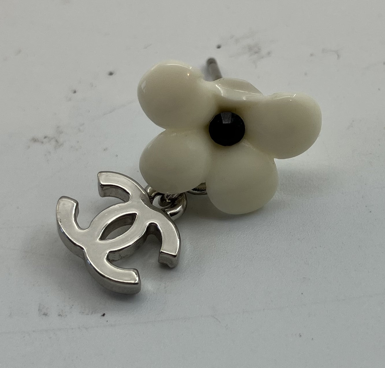 CHANEL Coco Mark Camellia Pierced Earrings White & Silver