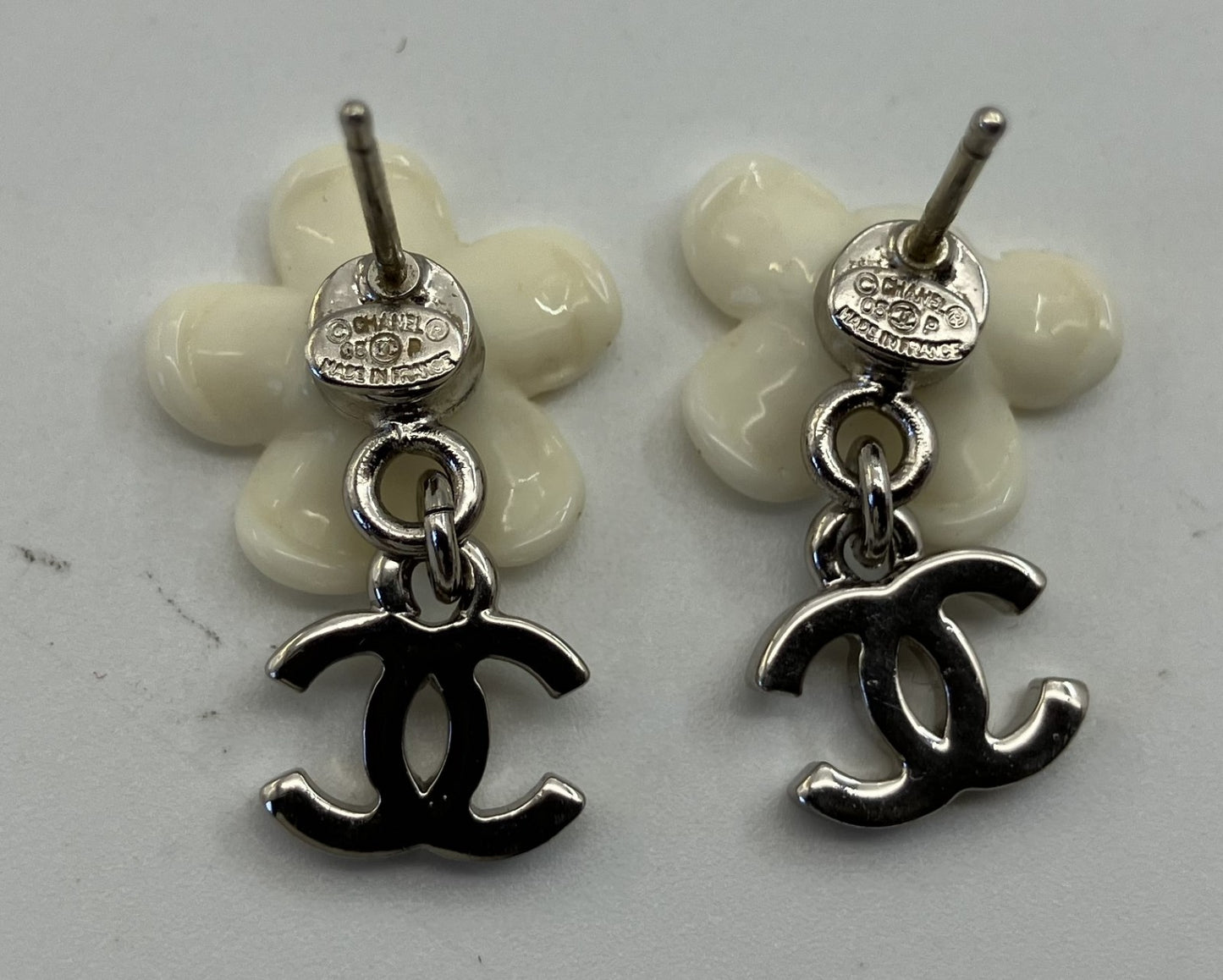 CHANEL Coco Mark Camellia Earrings White &amp; Silver Free Shipping 