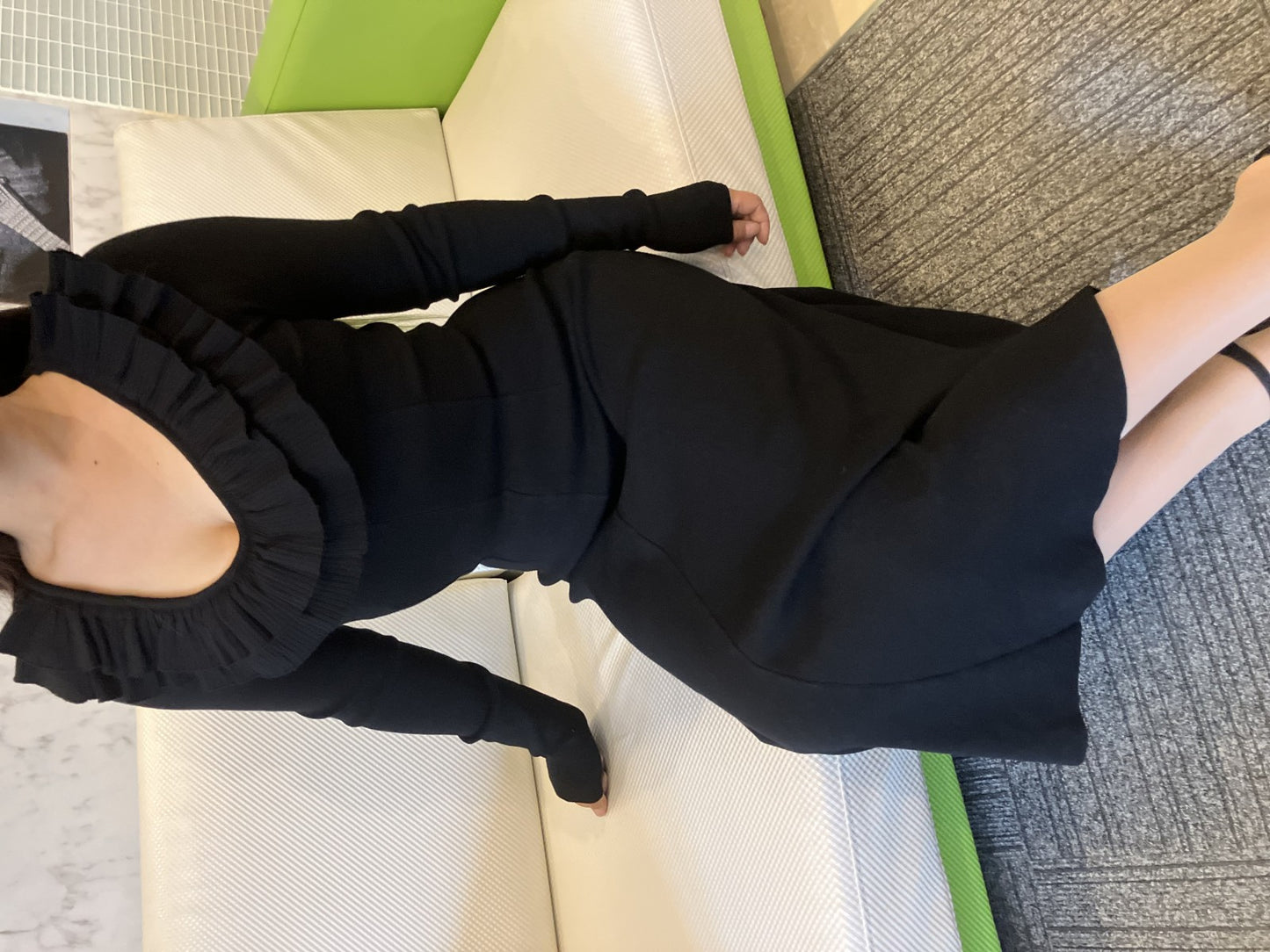 MEIMEIJ Long Black Dress TG36 Made in Italy 窶・Elegant Ruffle Neckline 窶・Stretch Comfort 窶・