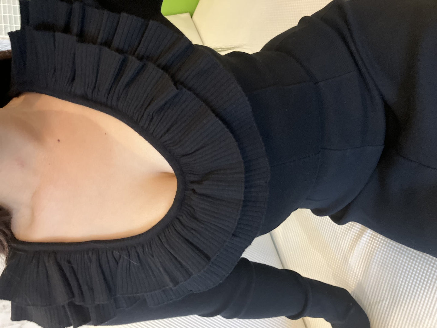 MEIMEIJ Long Black Dress TG36 Made in Italy 窶・Elegant Ruffle Neckline 窶・Stretch Comfort 窶・