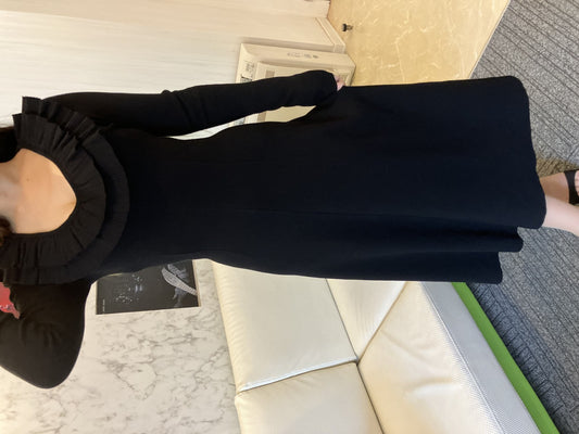 MEIMEIJ Long Black Dress TG36 Made in Italy 窶・Elegant Ruffle Neckline 窶・Stretch Comfort 窶・