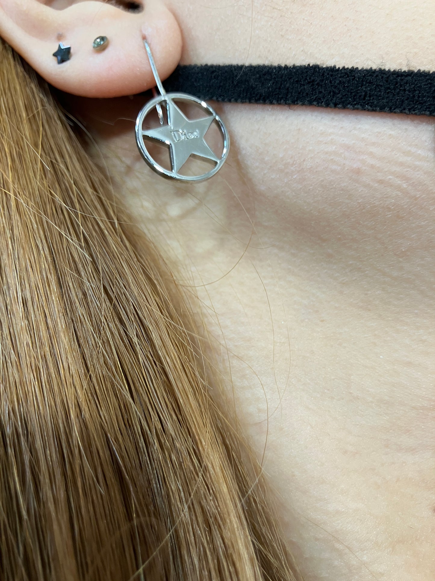 Dior Star Logo Hook Earrings Silver Tone 1.6cm Authentic Made in France