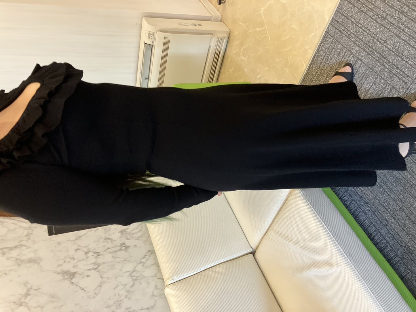 MEIMEIJ Long Black Dress TG36 Made in Italy 窶・Elegant Ruffle Neckline 窶・Stretch Comfort 窶・