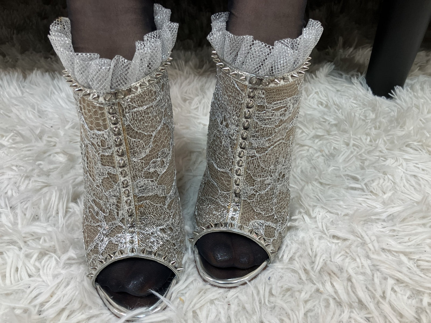 Christian Louboutin JULIETTRA Booties Silver Patent Fabric Spikes Size 36 US 5.75 Box Bags