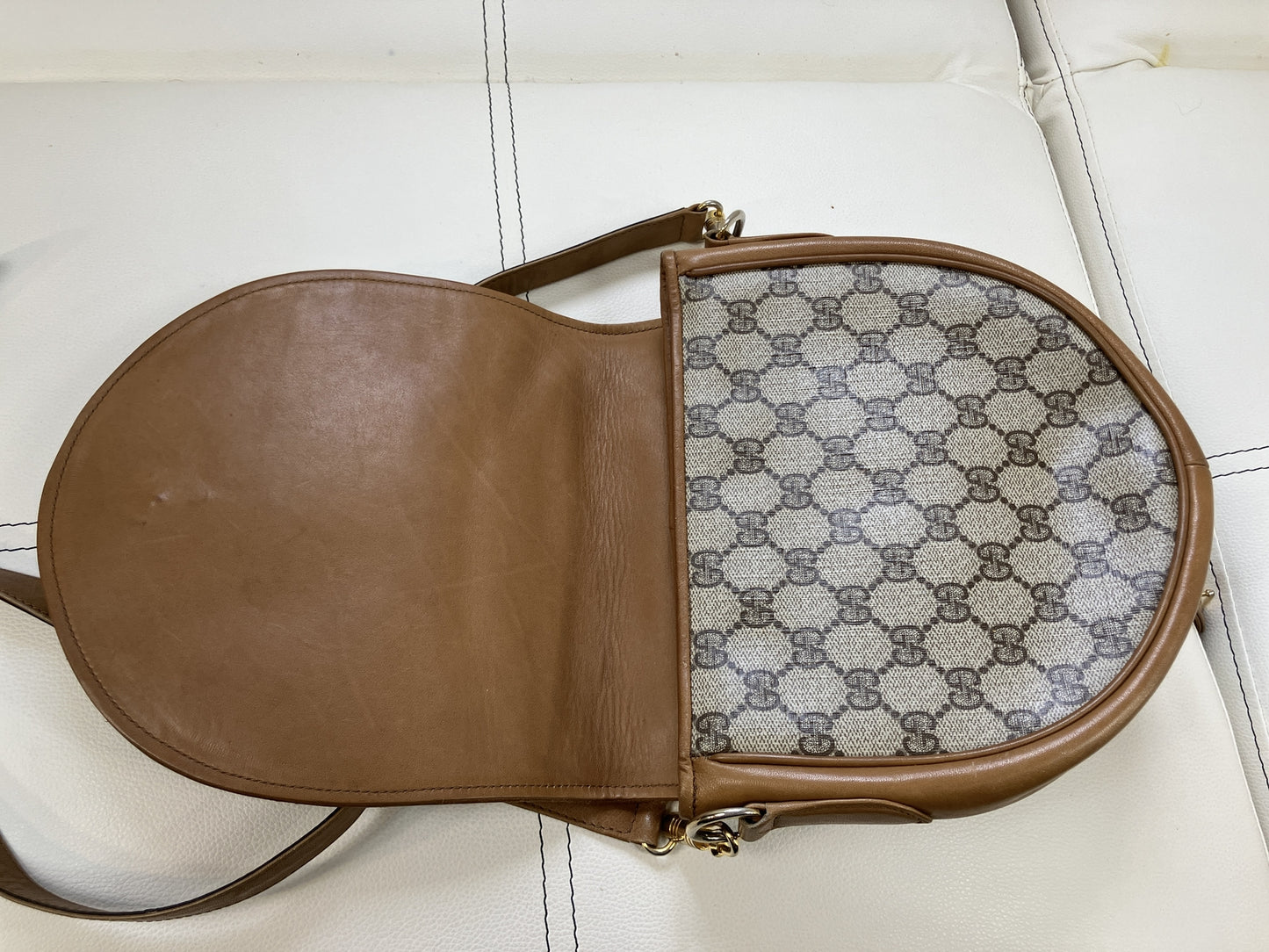 GUCCI Vintage GG Monogram Canvas Leather Saddle Crossbody Bag Brown