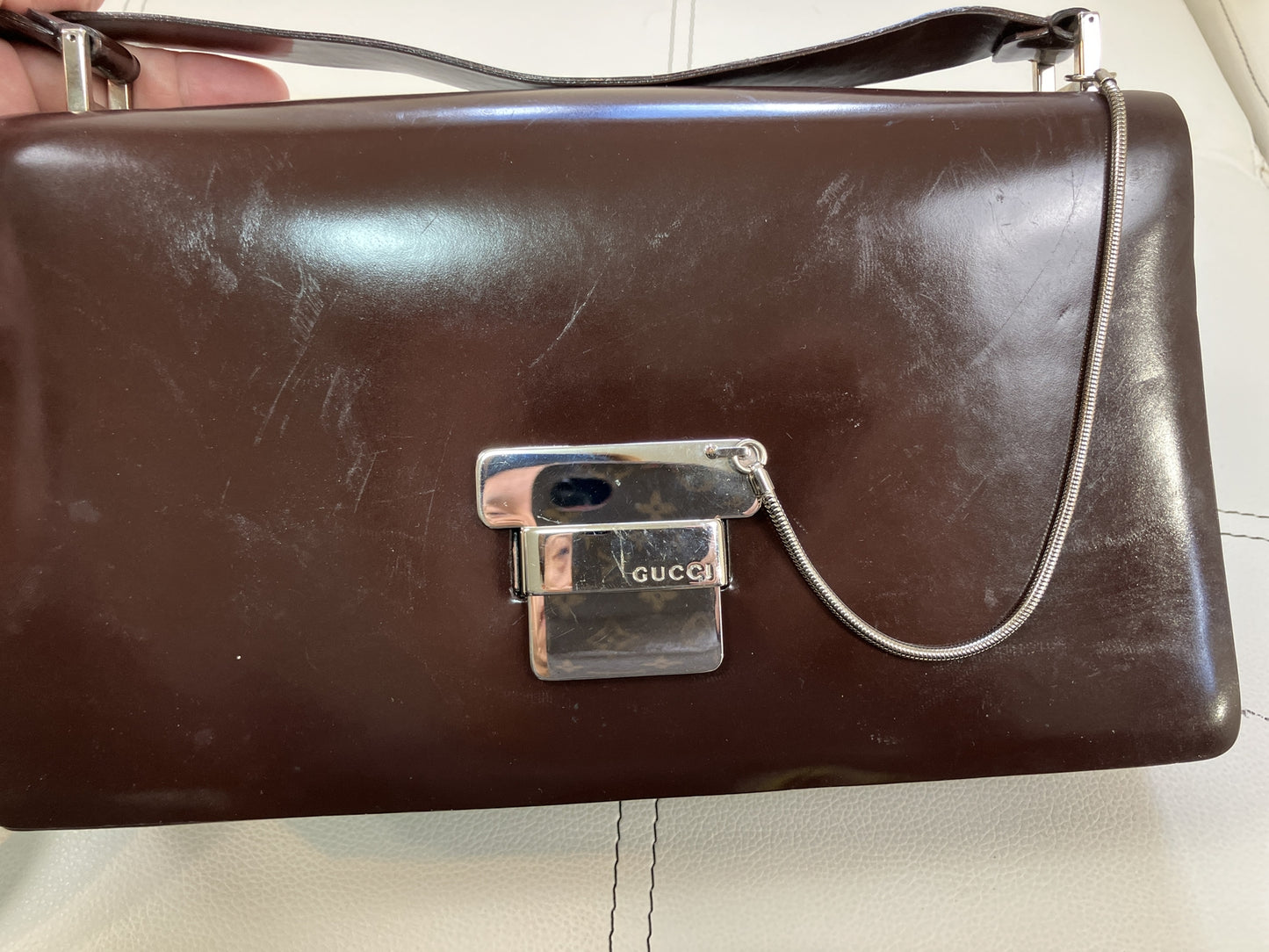 GUCCI Vintage Brown Patent Leather Shoulder Bag 001.3444.1746 Italy