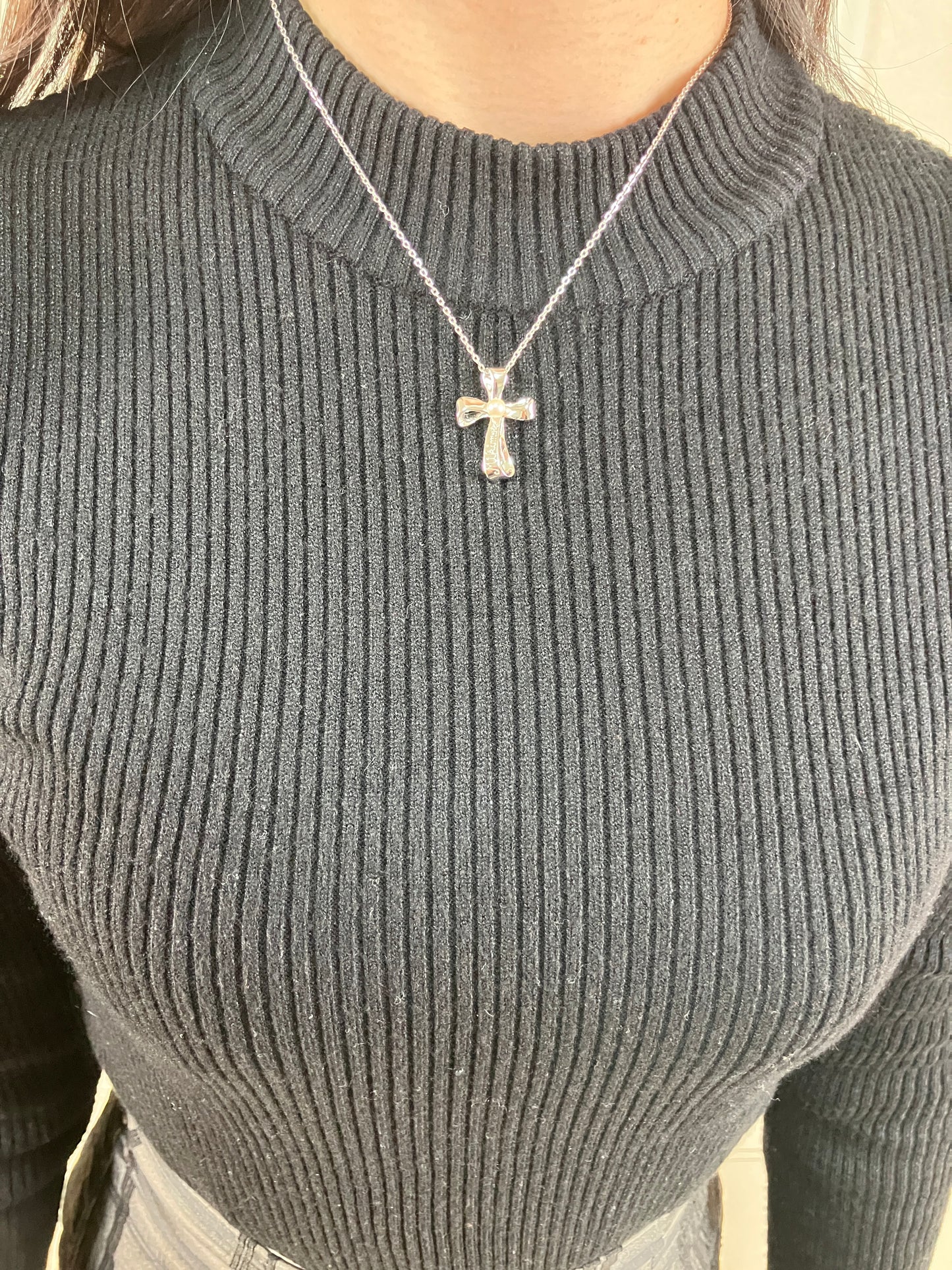 MIKIMOTO Silver Cross Pendant Necklace Cultured Pearl 4.1mm Chain 40cm Authentic