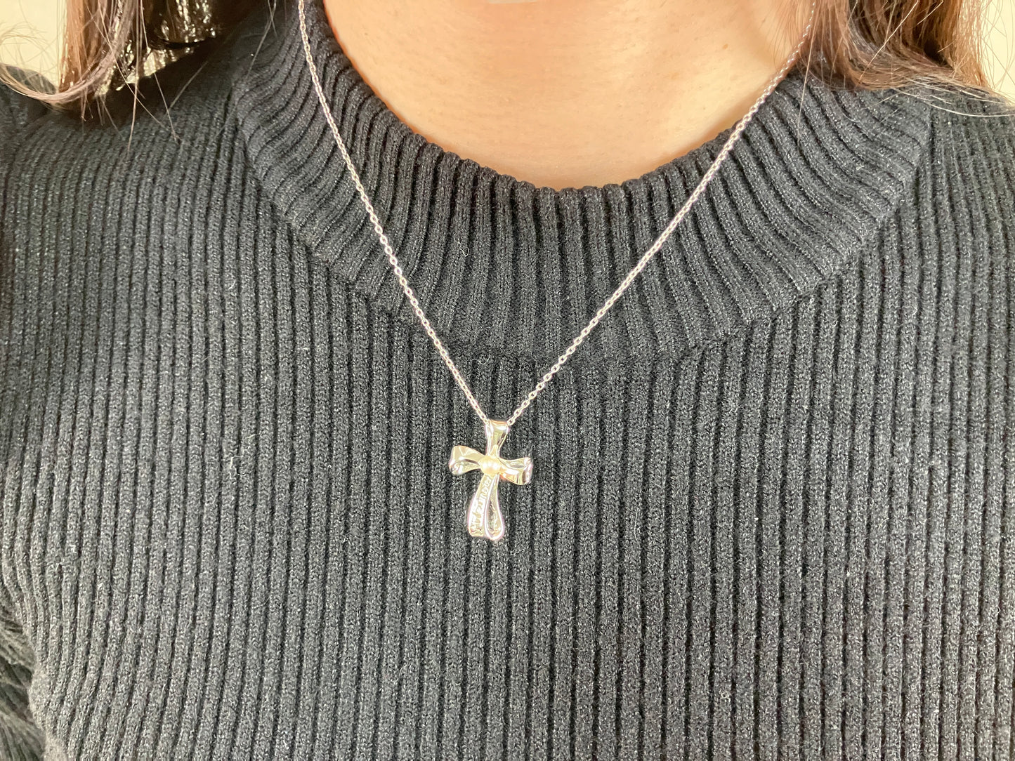 MIKIMOTO Silver Cross Pendant Necklace Cultured Pearl 4.1mm Chain 40cm Authentic