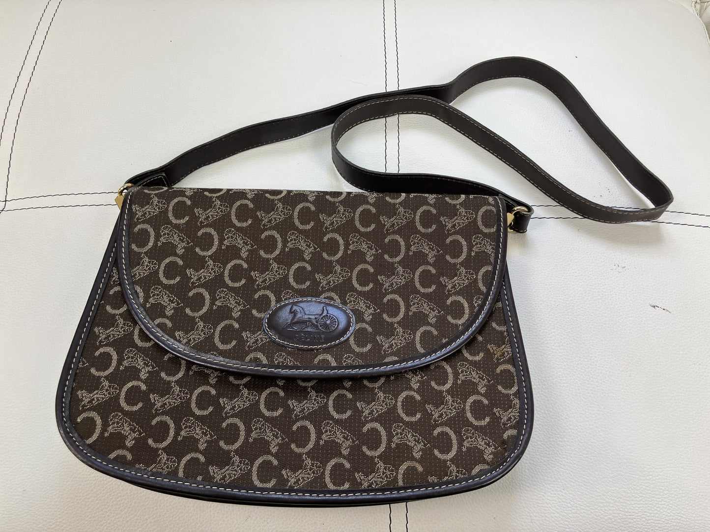 CELINE C Macadam Horse Carriage Flap Shoulder Bag Brown Jacquard Italy