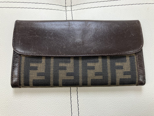 FENDI Zucca Canvas Leather Long Wallet Brown FF Logo Snap Italy Vintage