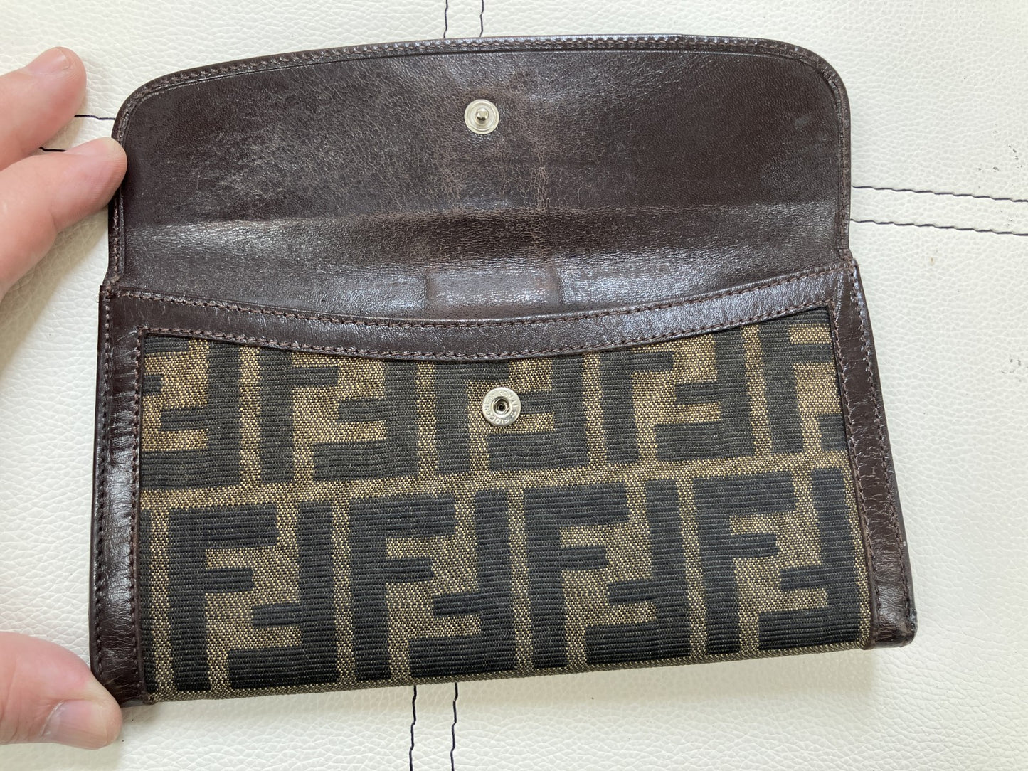 FENDI Zucca Canvas Leather Long Wallet Brown FF Logo Snap Italy Vintage