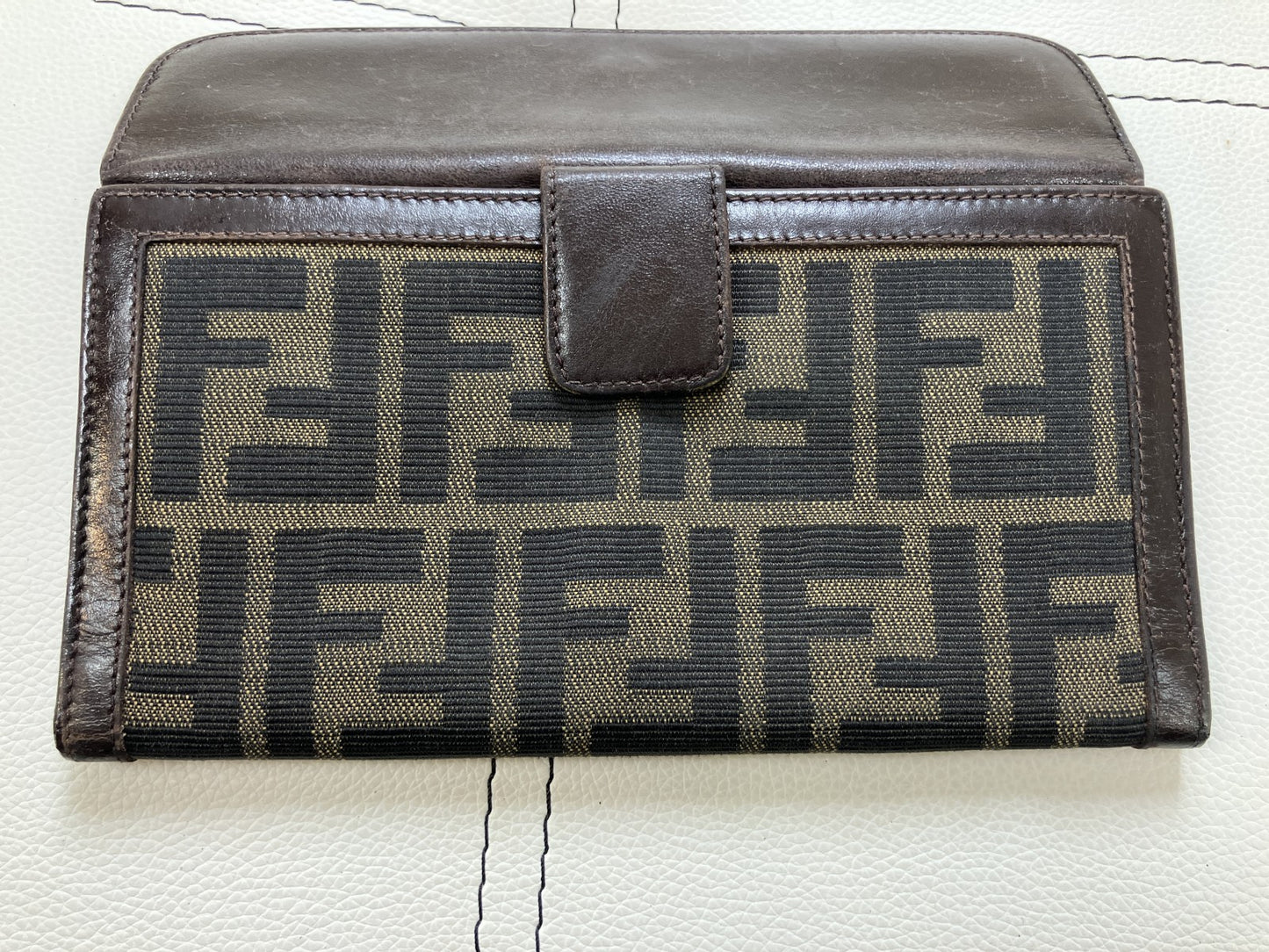 FENDI Zucca Canvas Leather Long Wallet Brown FF Logo Snap Italy Vintage