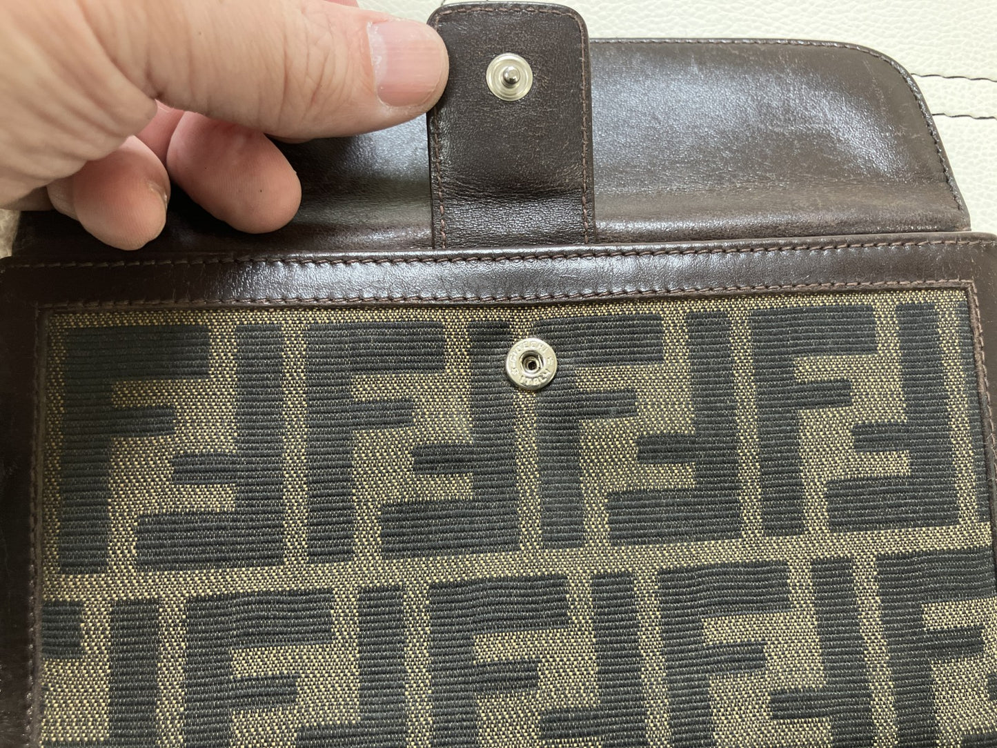 FENDI Zucca Canvas Leather Long Wallet Brown FF Logo Snap Italy Vintage
