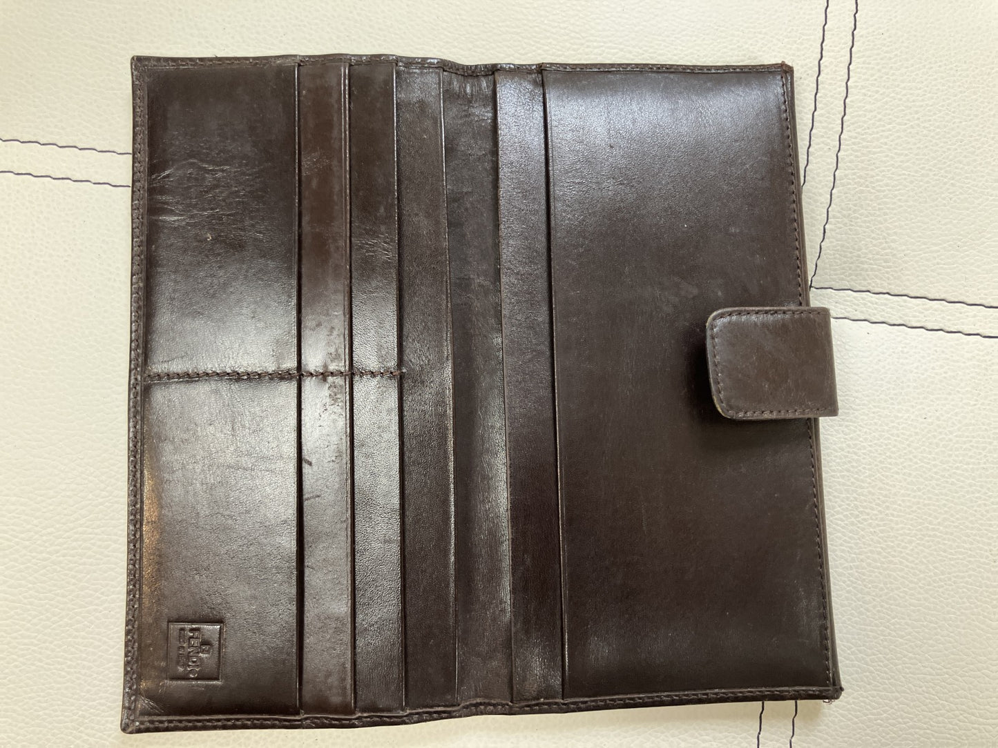 FENDI Zucca Canvas Leather Long Wallet Brown FF Logo Snap Italy Vintage