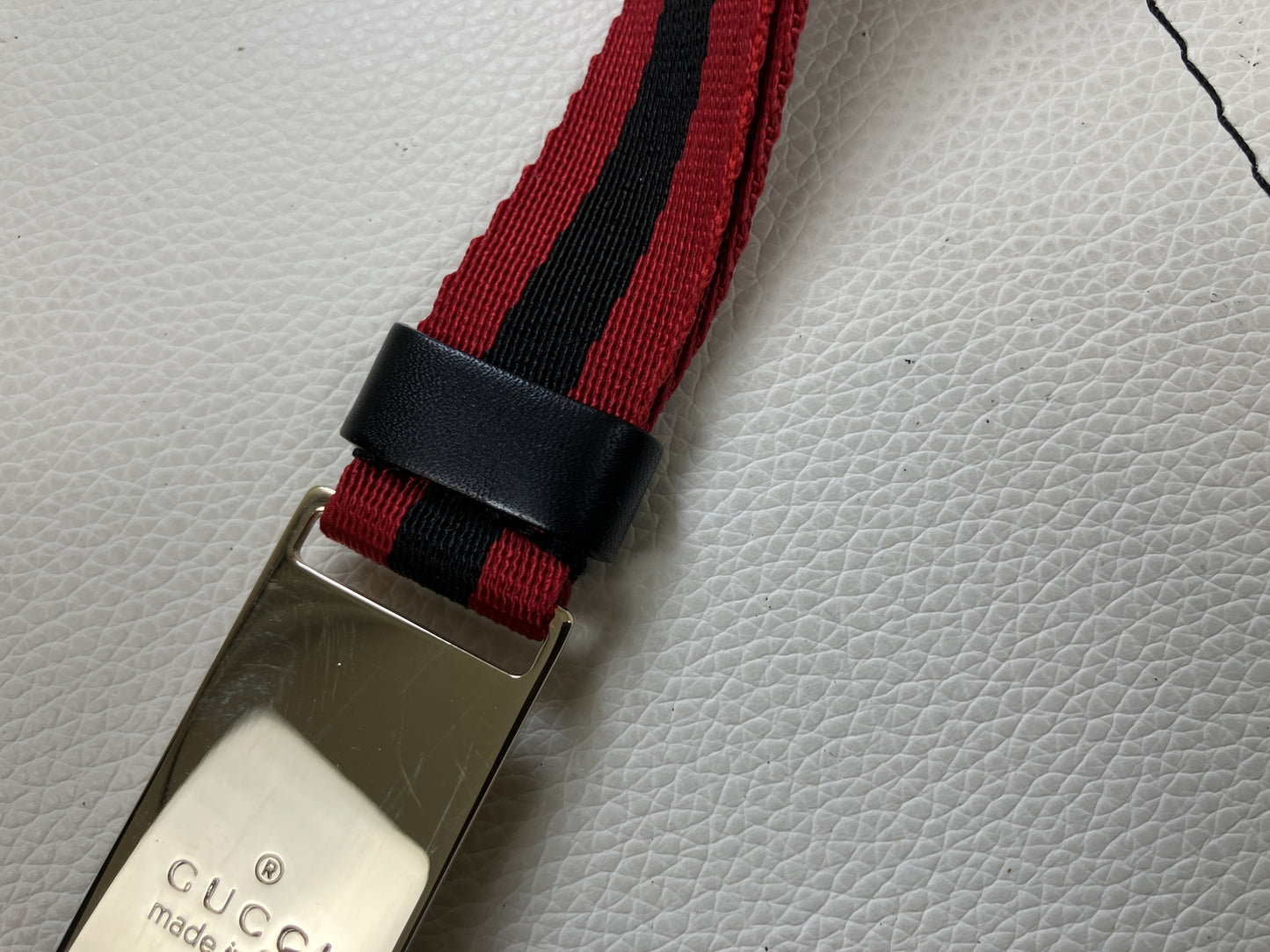 GUCCI Web Stripe Lanyard Neck Strap Red Black Key Ring 039/2194 Made in Italy