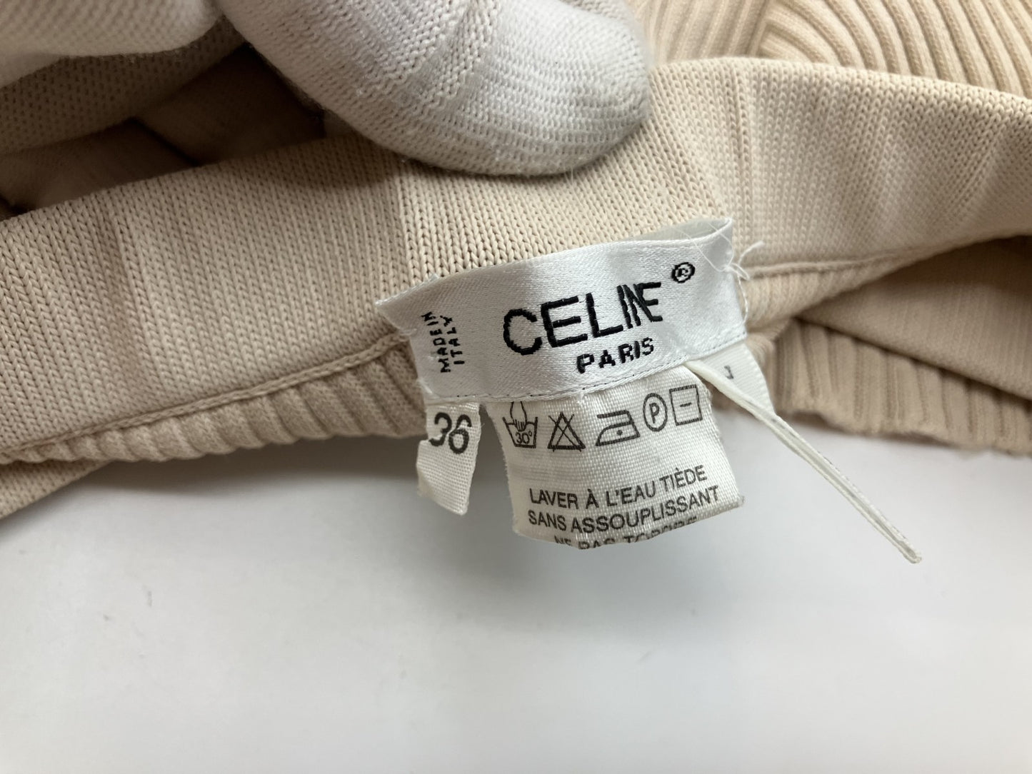 CELINE Paris Flare Pants Ecru Beige Rib Knit High Waist Pull-On Size 36 Made in Italy