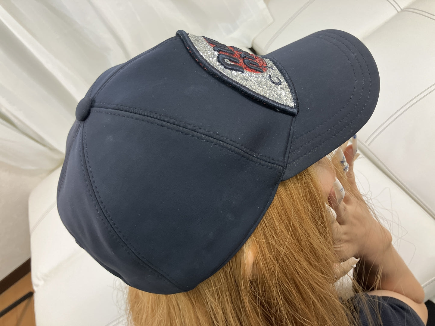 MIU MIU Club Glitter Logo Patch Nylon Baseball Cap Black Size S Italy
