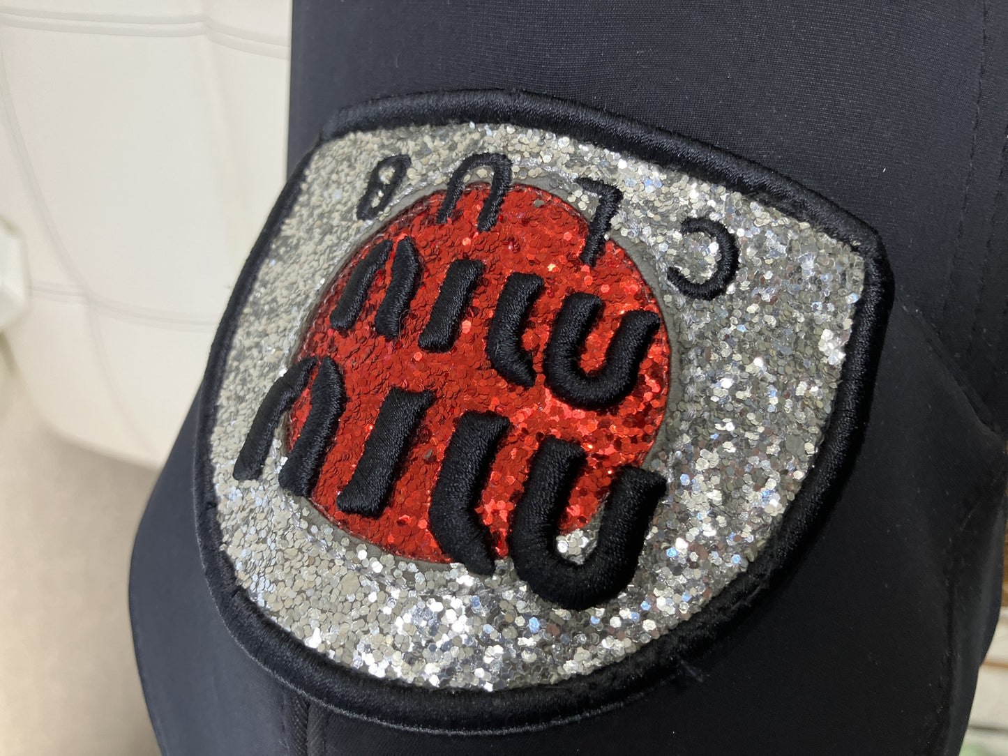 MIU MIU Club Glitter Logo Patch Nylon Baseball Cap Black Size S Italy