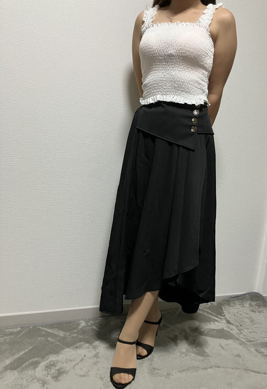 Ecril shirred top F (bust 25-17.7") & black long skirt M (waist 31-17.7") set. Wearing picture included. Unworn with tags. Lined. Thick material. . Feminine. Ruffles. Follow-up 5%.