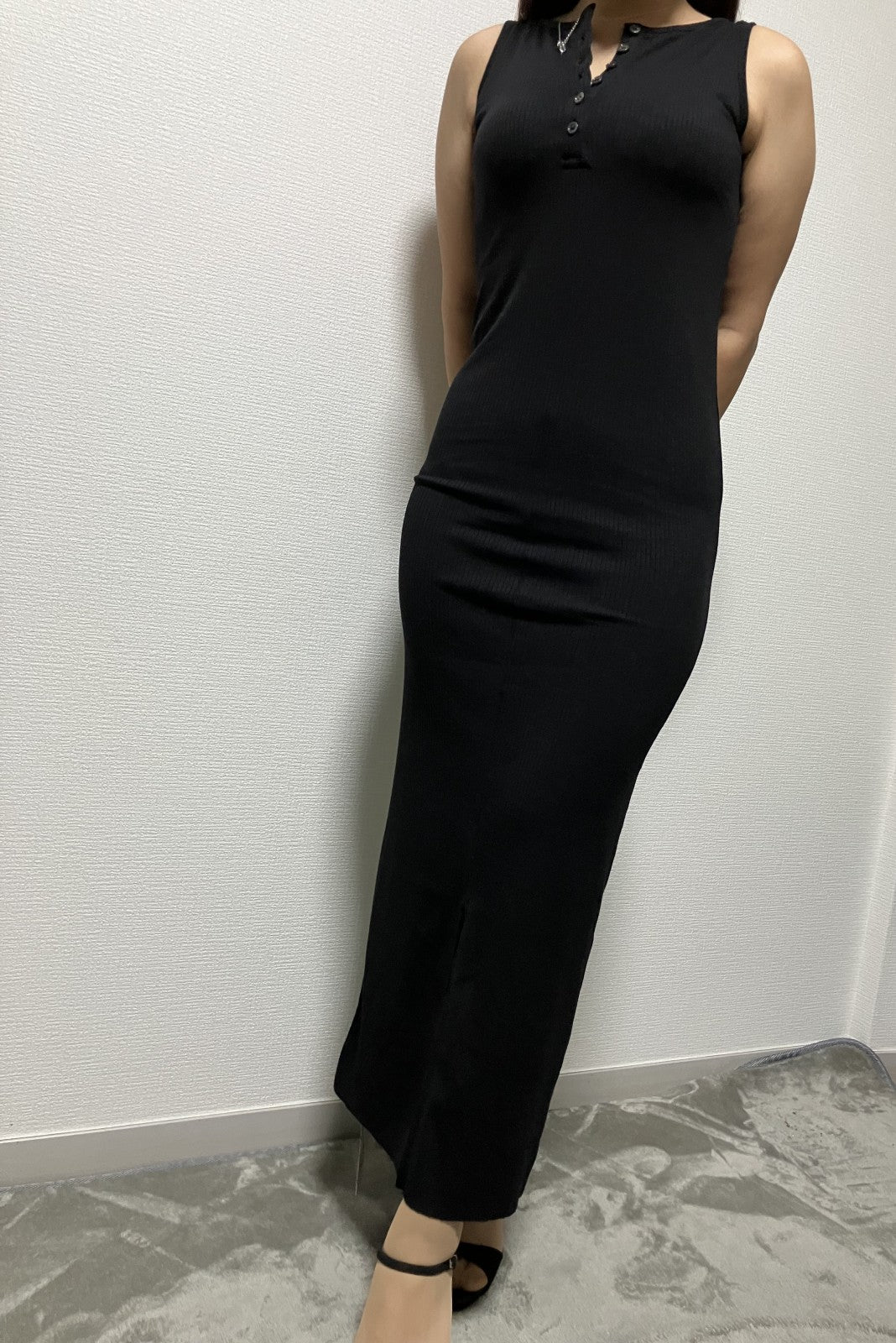 Bonjour Sagan black long dress, ribbed material, 11.8" slit, stretch material, padded, sleeveless, beautiful silhouette, worn image included, unused with tags, 5% follow ,