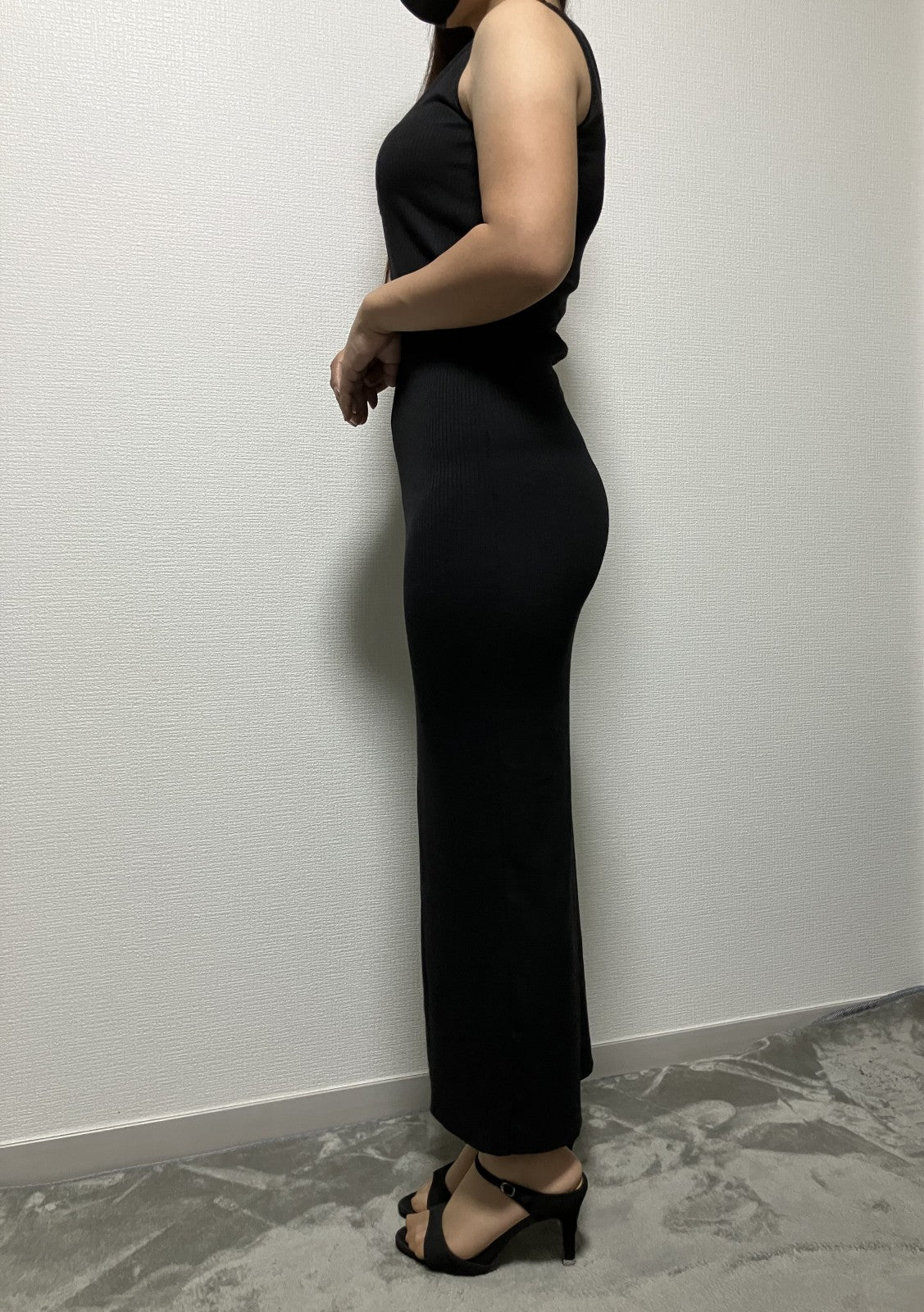 Bonjour Sagan black long dress, ribbed material, 11.8" slit, stretch material, padded, sleeveless, beautiful silhouette, worn image included, unused with tags, 5% follow ,