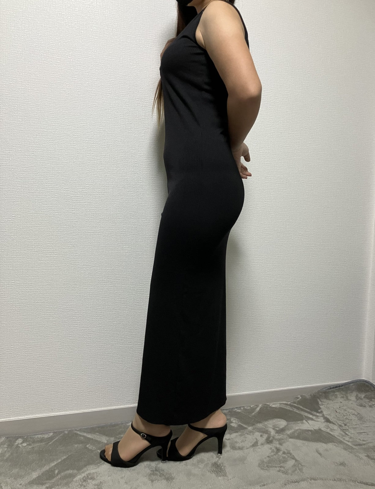 Bonjour Sagan black long dress, ribbed material, 11.8" slit, stretch material, padded, sleeveless, beautiful silhouette, worn image included, unused with tags, 5% follow ,