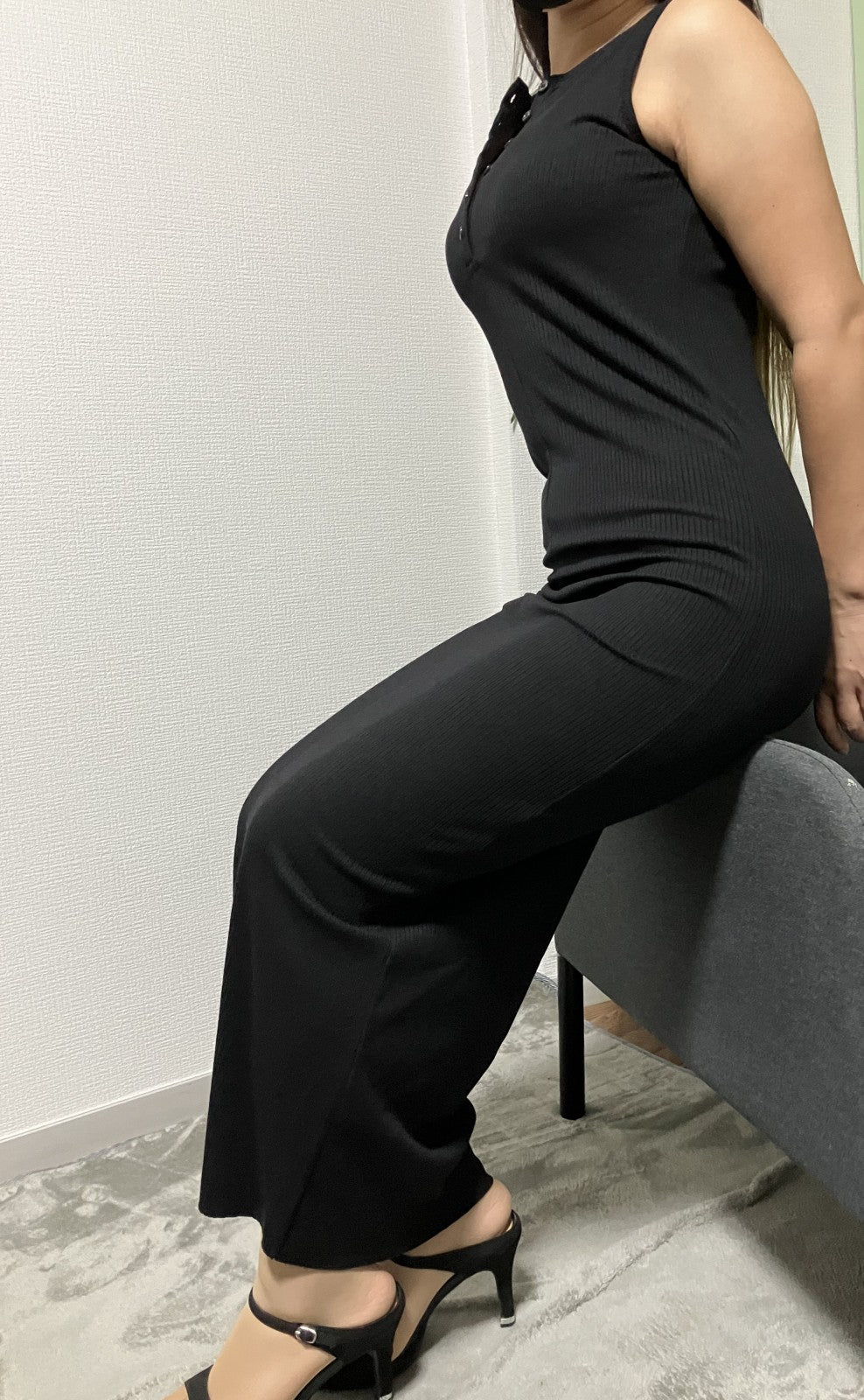 Bonjour Sagan black long dress, ribbed material, 11.8" slit, stretch material, padded, sleeveless, beautiful silhouette, worn image included, unused with tags, 5% follow ,