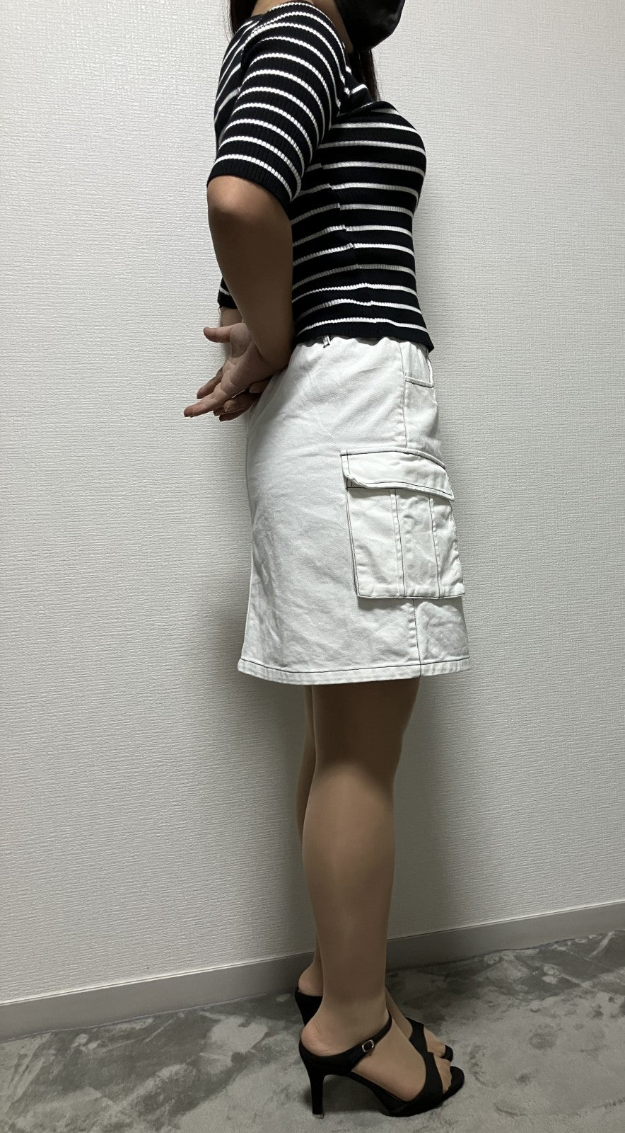 Striped top x white denim skirt set / Short sleeve knit & front button trapezoid skirt / Medium size /