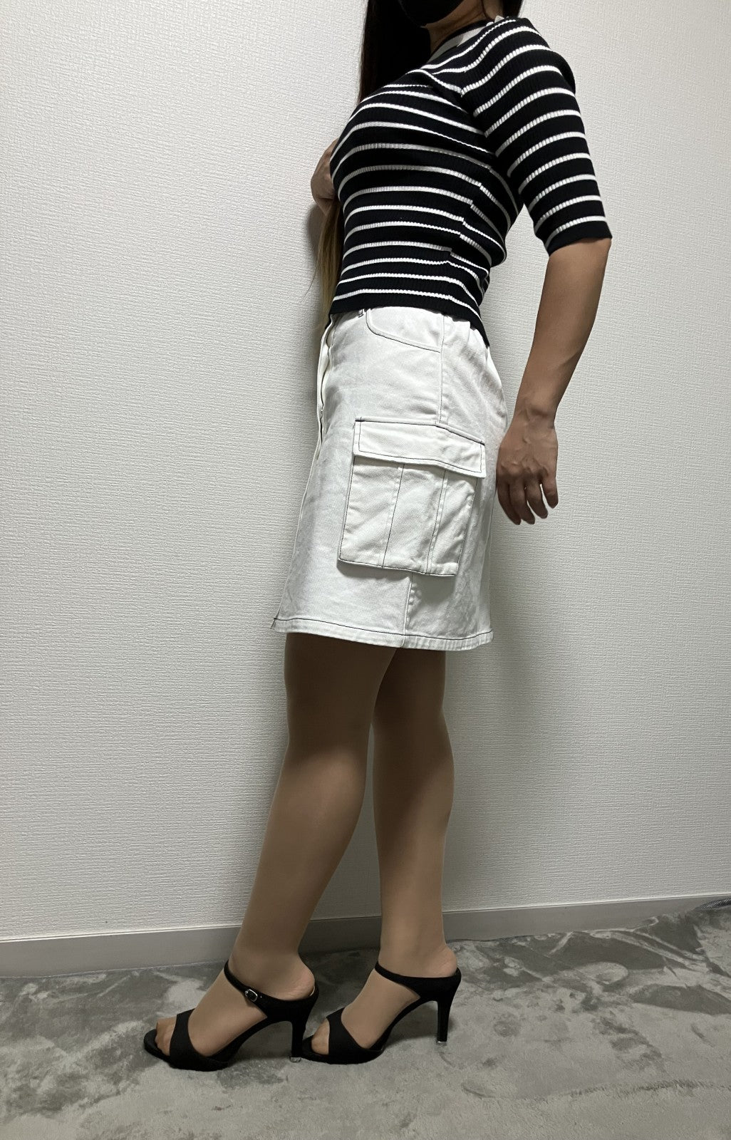 Striped top x white denim skirt set / Short sleeve knit & front button trapezoid skirt / Medium size /