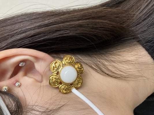 Chanel Vintage Gold Tone Clip Earrings White Cabochon 32mm Made in France