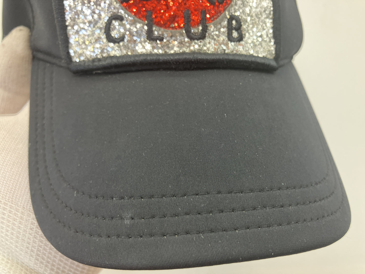MIU MIU Club Glitter Logo Patch Nylon Baseball Cap Black Size S Italy