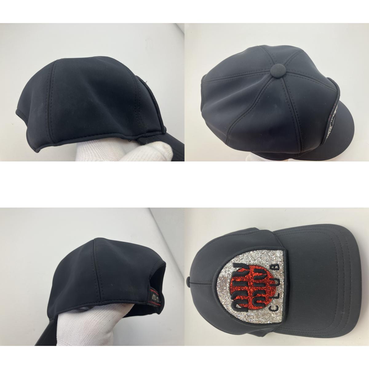 MIU MIU Club Glitter Logo Patch Nylon Baseball Cap Black Size S Italy
