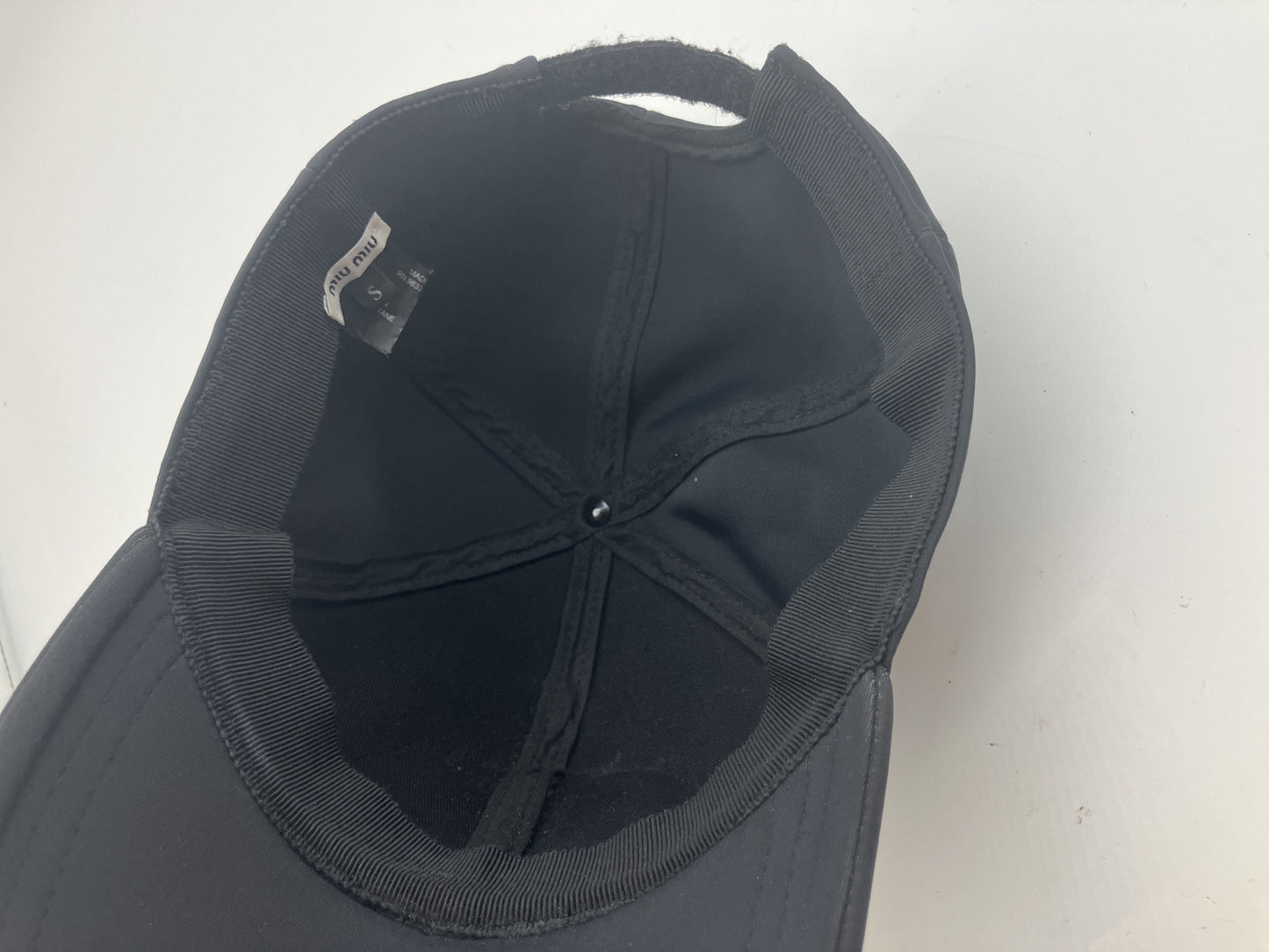 MIU MIU Club Glitter Logo Patch Nylon Baseball Cap Black Size S Italy