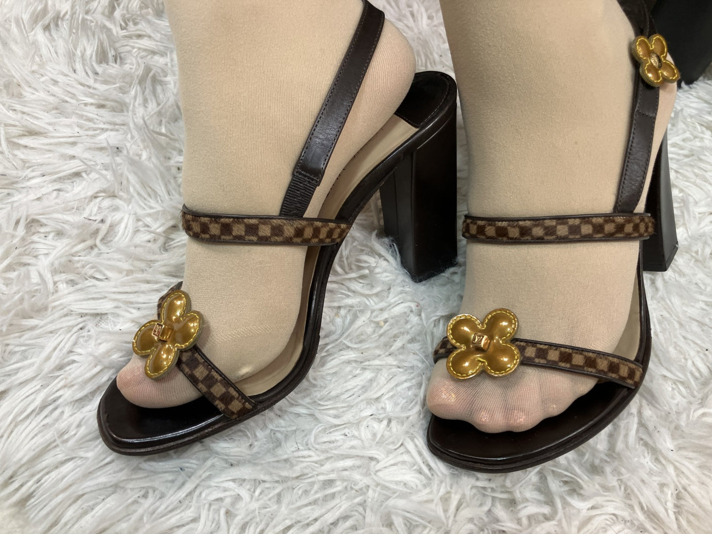 Louis Vuitton Damier Flower Sandals 37 Brown Block Heel Slingback Italy