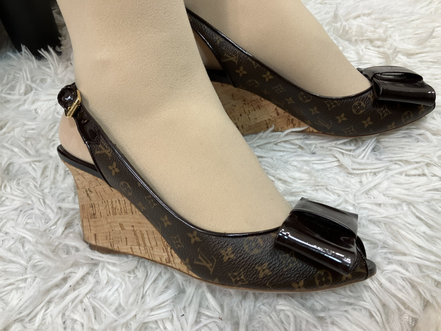 Louis Vuitton Monogram Bow Slingback Wedge Sandals (EU 36)(US 6) Cork Heel Italy