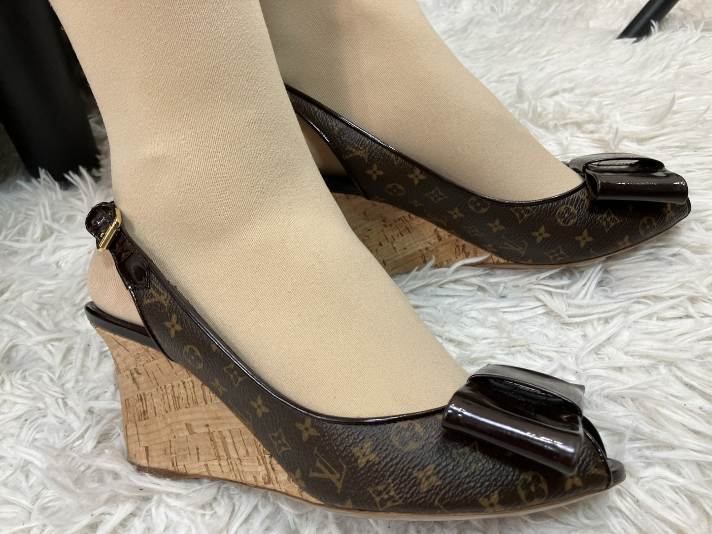 Louis Vuitton Monogram Bow Slingback Wedge Sandals (EU 36)(US 6) Cork Heel Italy