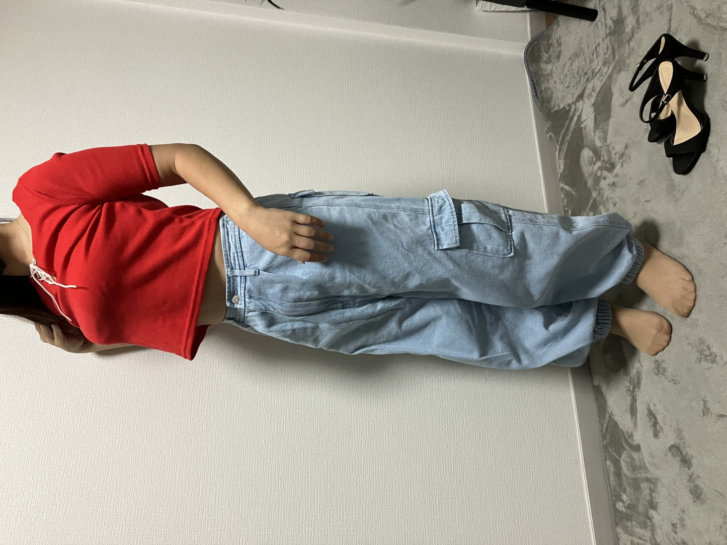 ANGELINA Tops, Short Sleeves, Red, Ribbed, Cropped Length, Lace-up Design, Women's, Stretchable Material, T-Shirt Style Cut and Sewn, Pants Sold Separately,