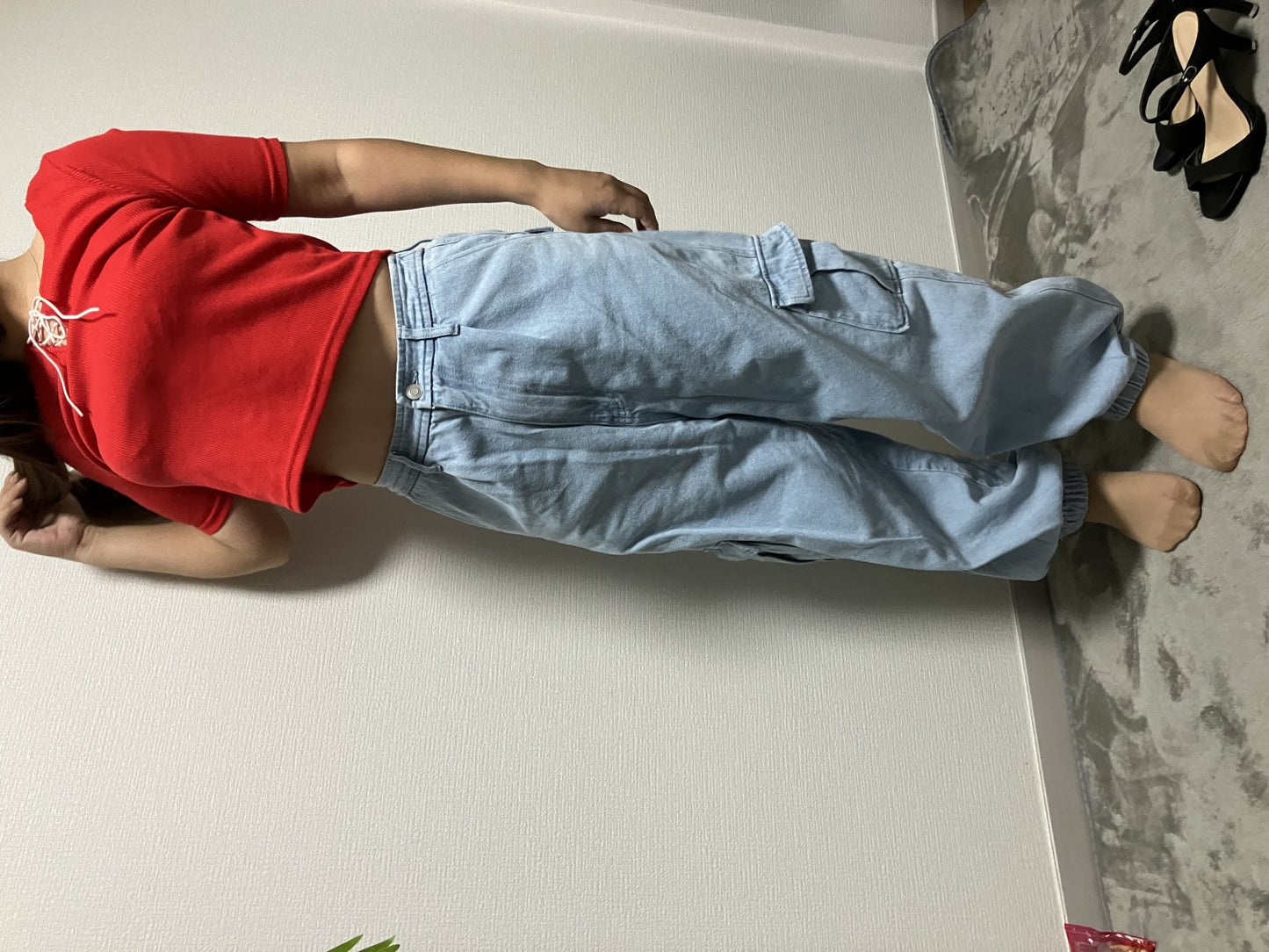 ANGELINA Tops, Short Sleeves, Red, Ribbed, Cropped Length, Lace-up Design, Women's, Stretchable Material, T-Shirt Style Cut and Sewn, Pants Sold Separately,