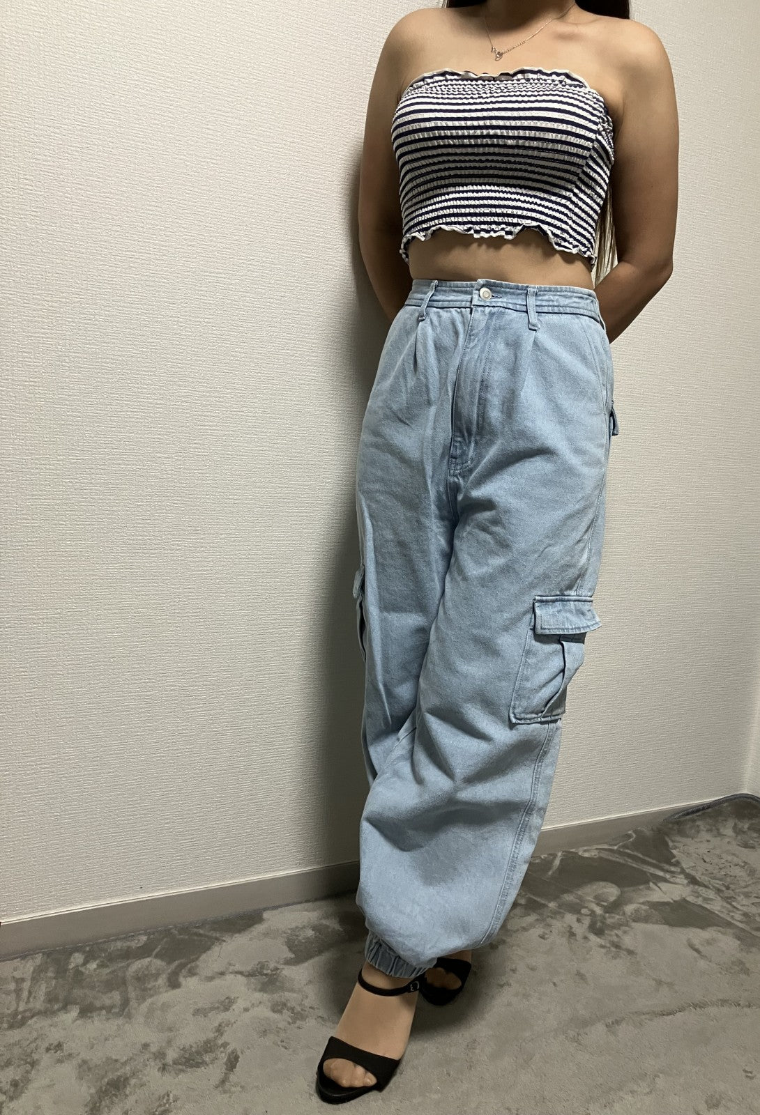 [Beautiful item] Tube top x wide cargo denim set, 2-piece set,