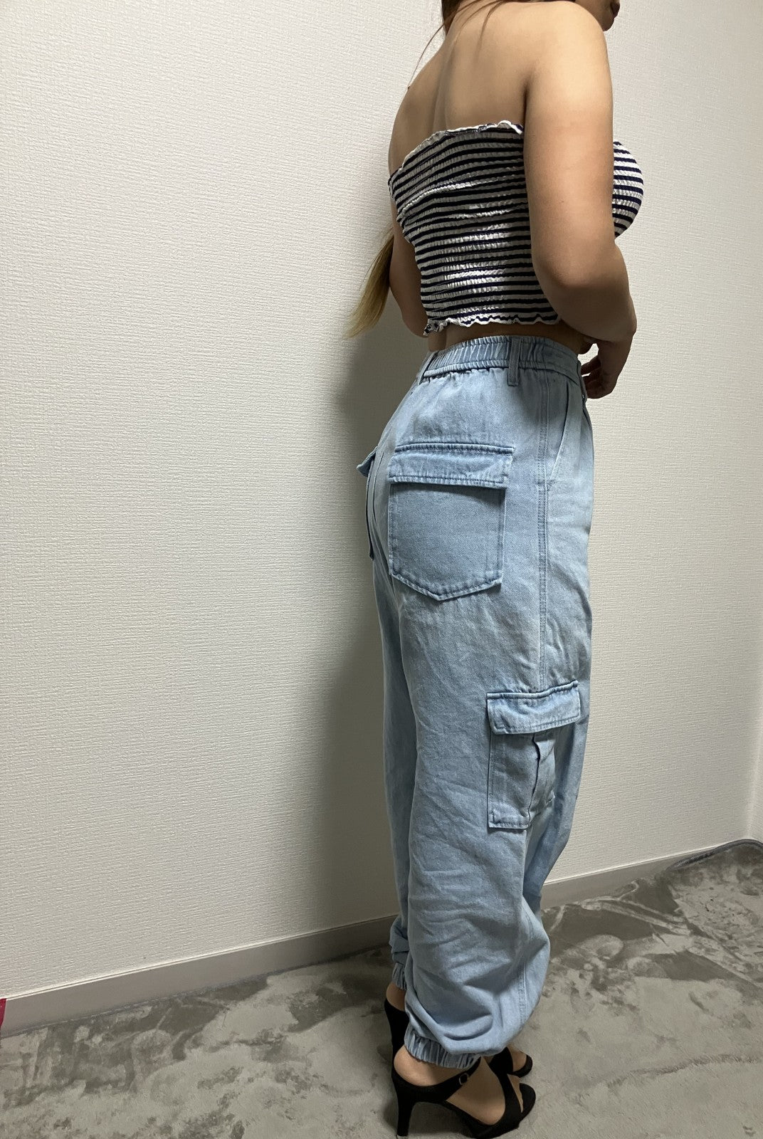 [Beautiful item] Tube top x wide cargo denim set, 2-piece set,