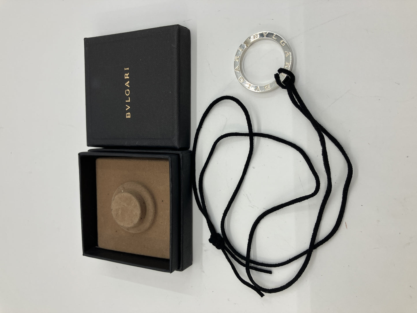 BVLGARI BVLGARI Logo Ring Pendant Sterling Silver 925 Cord Necklace 33mm Box