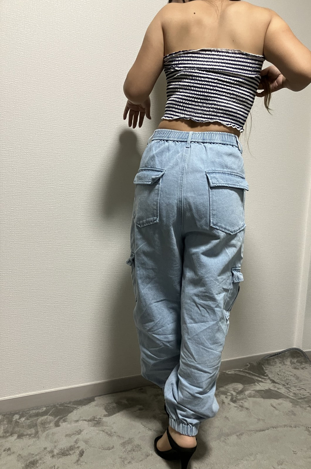 [Beautiful item] Tube top x wide cargo denim set, 2-piece set,