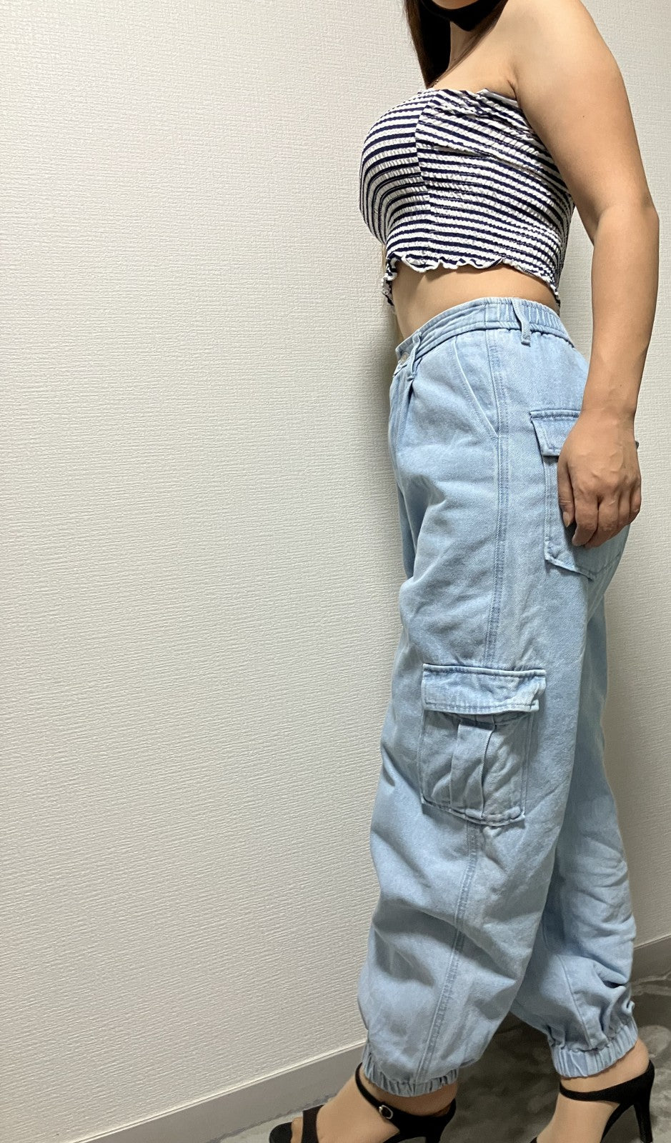 [Beautiful item] Tube top x wide cargo denim set, 2-piece set,
